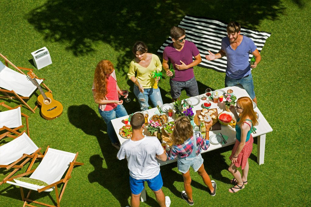Picnic party in artificial grass garden with deck chairs, guitar, and table with party food.